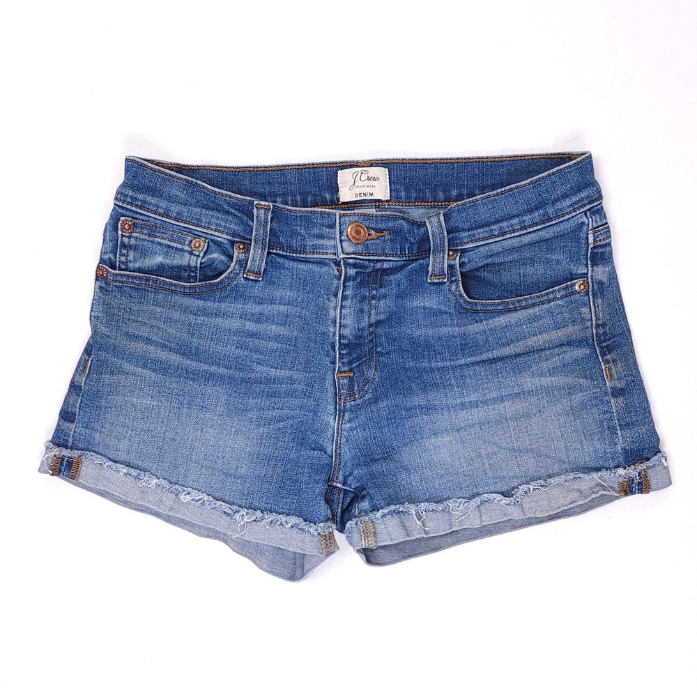 J.Crew Blue Denim Shorts Womens Size 26 Medium‎ Wash Raw Hem Cuffed Mid Rise